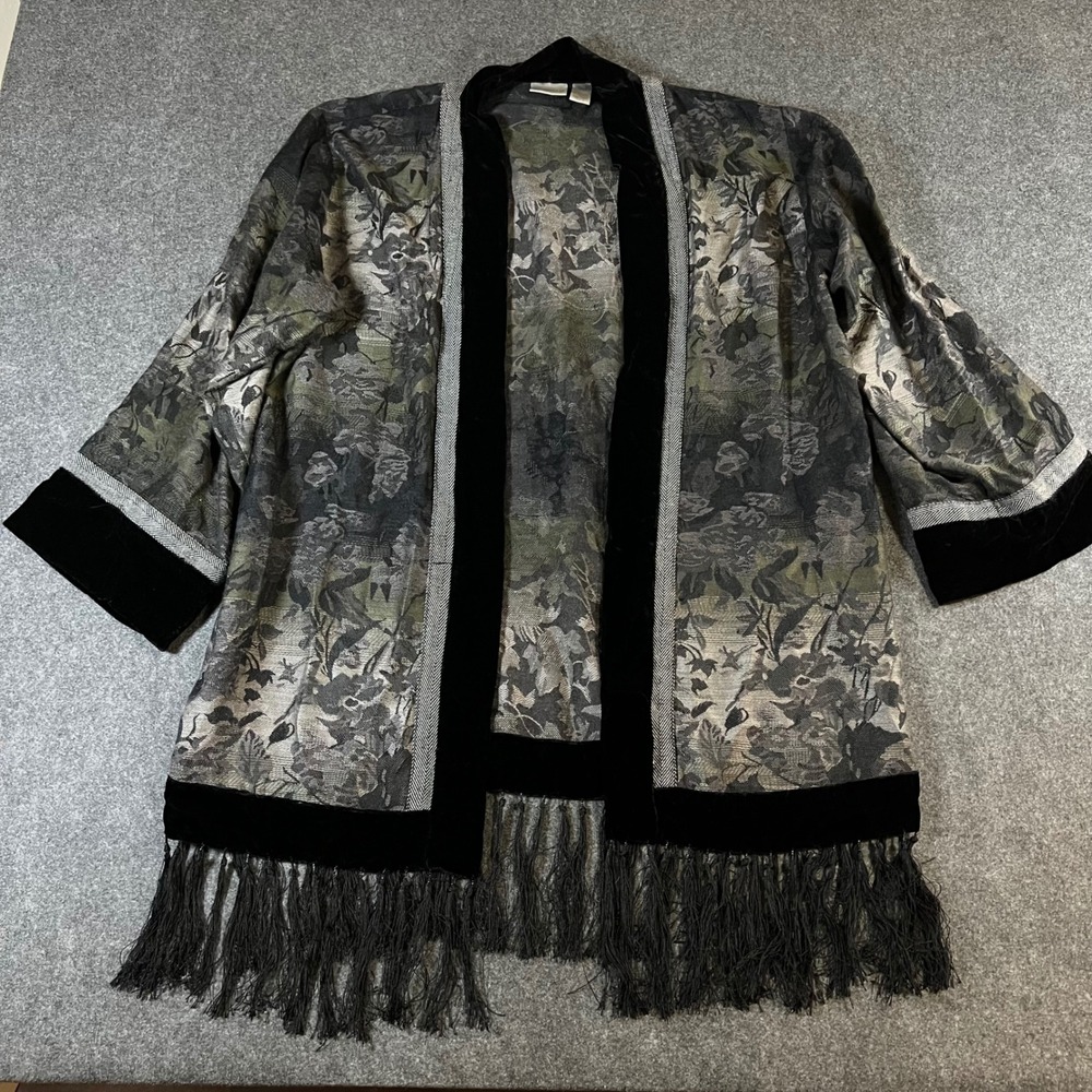 Chicos Floral Tapestry Kimono Jacket Velvet Trim Fringe Size‎ 3 XL Witchy Boho